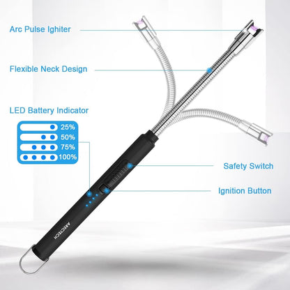 Electric Arc Candle Lighter Flameless Rechargeable USB Long Lighter for Candle Cooking Bbqs Fireworks Black
